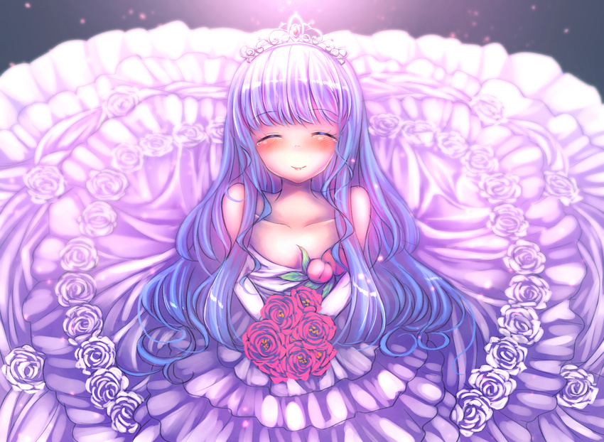 ^_^ bad_id bad_nicoseiga_id bare_shoulders blue_hair blush bouquet closed_eyes collarbone commentary commentary_request dress facing_viewer flat_chest flower food fruit happy_tears hinanawi_tenshi lipstick long_hair makeup maru_daizu_(aqua6233) partial_commentary peach red_flower red_rose rose solo tears tiara touhou very_long_hair wedding_dress white_flower white_rose