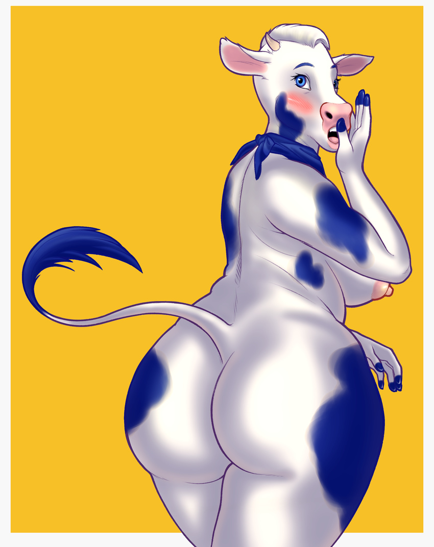 anthro big_butt blue_eyes blush bovine breasts butt cattle female fur hi_res horn lactaid lactaid_cow looking_back mammal mascot neckerchief nude open_mouth raised_tail rear_view simple_background slightly_chubby solo thick_thighs white_fur wide_hips xouual