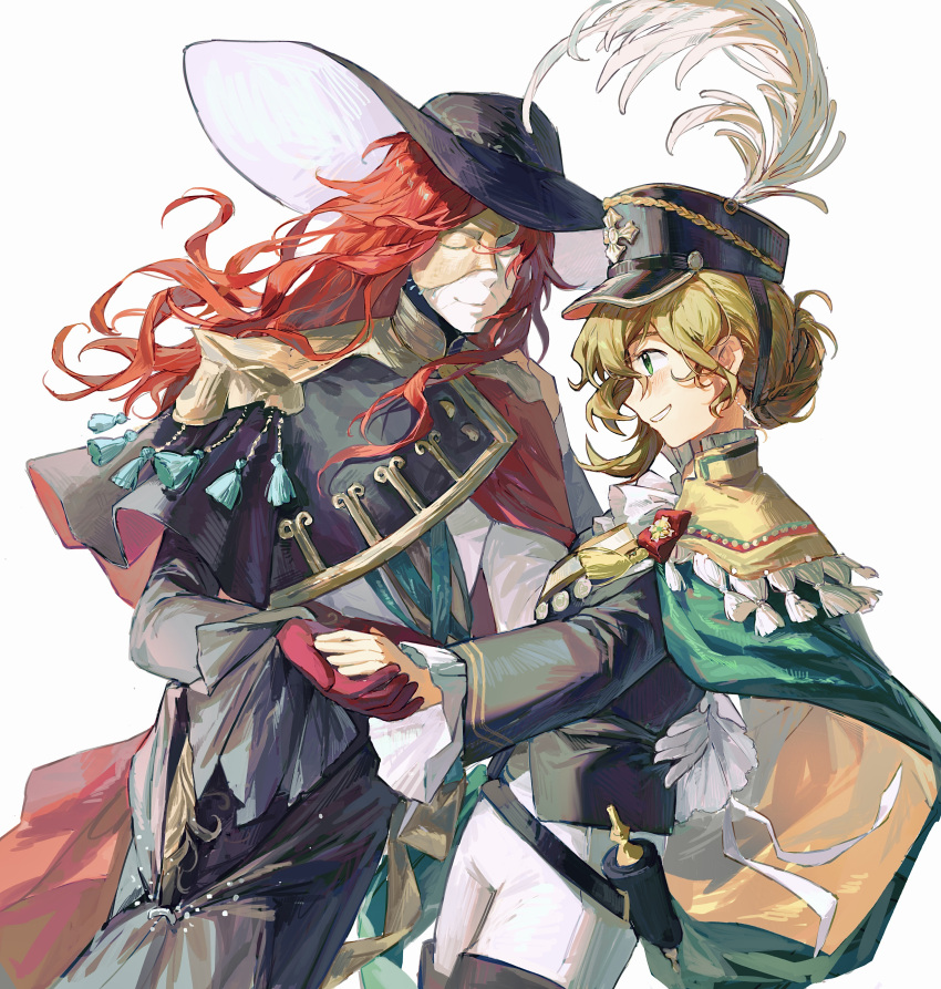 1boy 1girl absurdres aleph_(reverse:1999) black_hat black_jacket brown_hair cape covered_face dancing dongfang_shuyechu facing_another gloves green_cape green_eyes grin hand_on_another's_waist hat hat_feather highres holding_hands jacket long_hair military_hat official_alternate_costume pants recoleta_(reverse:1999) red_cape red_gloves red_hair reverse:1999 shirt short_hair smile two-tone_mask waltz_(dance) white_background white_mask white_pants white_shirt yellow_mask