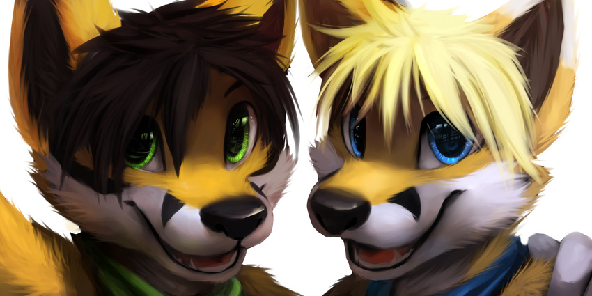 anthro black_hair black_lips blonde_hair blue_eyes canine duo fox fur green_eyes hair male mammal open_mouth selfie simple_background smile teeth thanshuhai tongue white_background yellow_fur