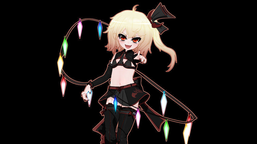 3d alternate_costume ascot bare_shoulders bat_hair_ornament belt bikini_top black_background black_bikini_top black_legwear black_skirt blender_(medium) blonde_hair boots commentary cowboy_shot cross-laced_footwear crystal detached_sleeves flandre_scarlet frills gs-mantis hair_ornament hair_ribbon highres lace-up_boots looking_at_viewer miniskirt nail_polish navel pleated_skirt pointing pointing_at_viewer red_eyes red_nails ribbon side_ponytail simple_background skirt skirt_set smile solo stomach touhou wings