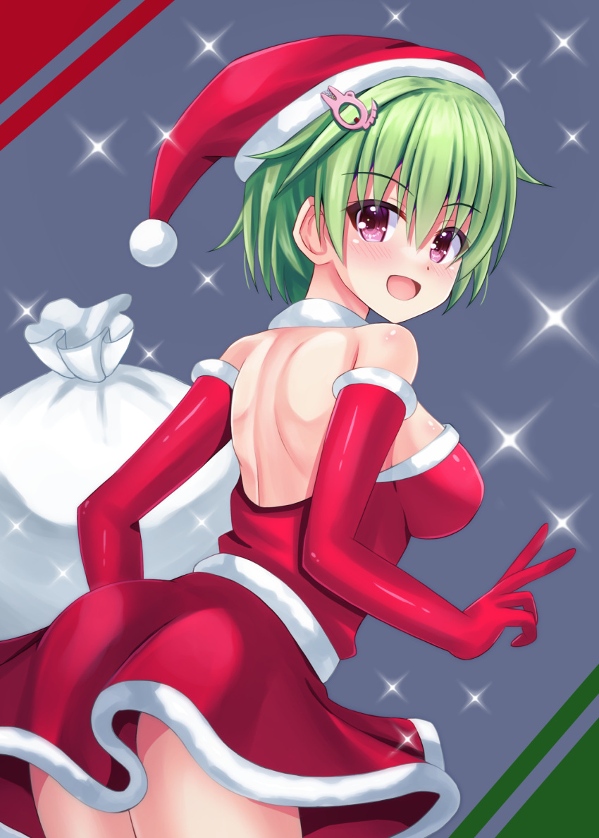 1girl :d alternate_costume ass back backboob bare_shoulders blush breasts choker commentary_request cowboy_shot crocodile_hair_ornament dress elbow_gloves floating_clothes from_behind fur-trimmed_dress fur-trimmed_gloves fur_choker fur_trim gift_bag gloves green_hair grey_background happy hat highres impossible_clothes large_breasts looking_at_another looking_at_viewer looking_back minatoto nomura_miki open_mouth pink_eyes red_dress red_gloves red_hat santa_costume santa_dress santa_hat short_dress short_hair simple_background smile solo sparkle spiked_hair strapless strapless_dress summer_pockets white_choker