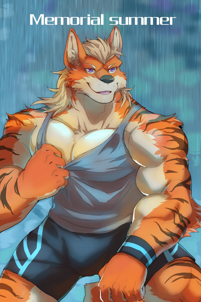 2018 anthro arcanine biceps clothed clothing digital_media_(artwork) fur hair hi_res male mammal muscular muscular_male nintendo pecs pok&eacute;mon pok&eacute;mon_(species) shirt shorts simple_background solo striped_fur stripes tank_top ten28091589 video_games