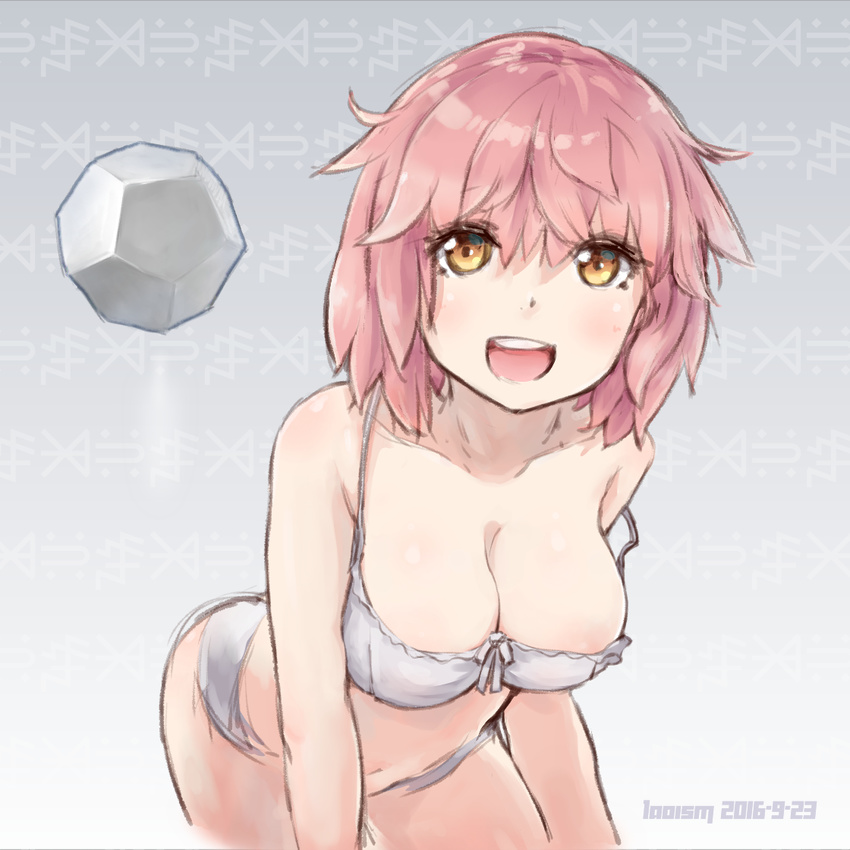 2016 :d artist_name bare_shoulders bra breasts cleavage collarbone dated dodecahedron fate/kaleid_liner_prisma_illya fate_(series) laoism large_breasts looking_at_viewer open_mouth panties pink_hair short_hair sketch smile solo strap_slip tanaka_(fate/kaleid_liner) underwear underwear_only white_bra white_panties yellow_eyes