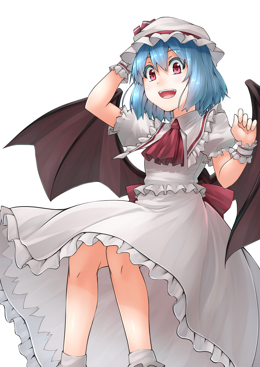 absurdres ascot bat_wings blue_hair commentary_request cowboy_shot frilled_shirt frilled_shirt_collar frilled_skirt frills hair_between_eyes hand_on_headwear hat highres hullzion looking_at_viewer open_mouth puffy_short_sleeves puffy_sleeves red_eyes remilia_scarlet shirt short_hair short_sleeves simple_background skirt smile solo touhou white_background white_hat white_shirt white_skirt wings wrist_cuffs