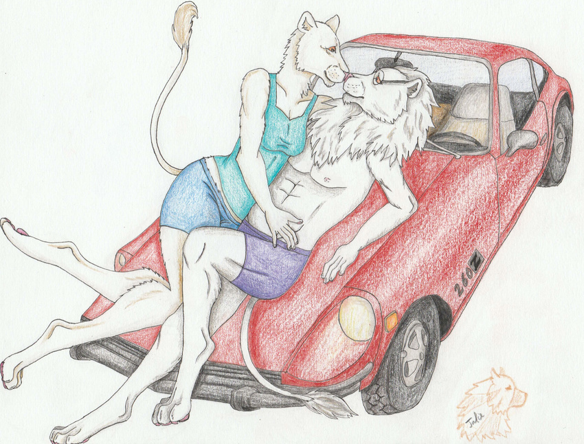 260z car clothing datsun fairlady feline female kissing lion male mammal nissan traditionnal_art vehicle white_lion yenza z