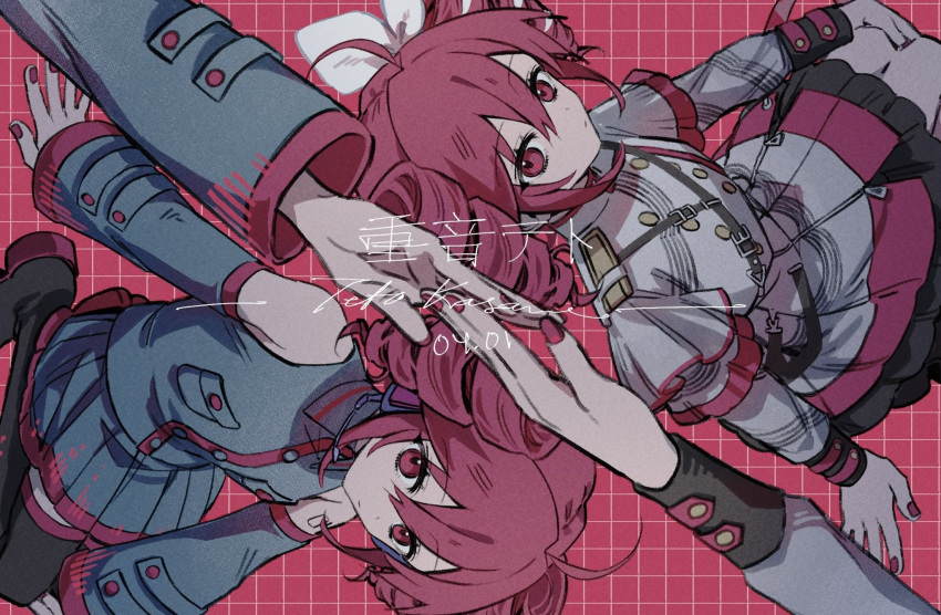 2girls ahoge arm_at_side armpit_crease bare_shoulders belt black_belt black_boots black_shirt black_skirt black_sleeve_cuffs black_sleeves black_thighhighs boots bow buttons character_name closed_mouth collared_shirt detached_sleeves double-breasted double-parted_bangs drill_hair dual_persona fingernails grey_skirt grid_background hair_between_eyes hair_bow hair_ribbon headphones headset highres jacket kasane kasane_teto kasane_teto_(sv) kasane_teto_(utau) kneeling layered_skirt layered_sleeves long_sleeves looking_at_viewer microphone multiple_girls musical_staff musical_staff_print number_tattoo pleated_skirt reaching red_background red_eyes red_hair red_nails red_skirt red_tattoo red_trim ribbon shirt shoulder_belt shoulder_boards shoulder_tattoo sitting skirt skirt_set striped_clothes striped_jacket striped_skirt synthesizer_v tattoo thigh_boots thighhighs tiffy_owoo twin_drills utau white_bow white_ribbon wing_collar
