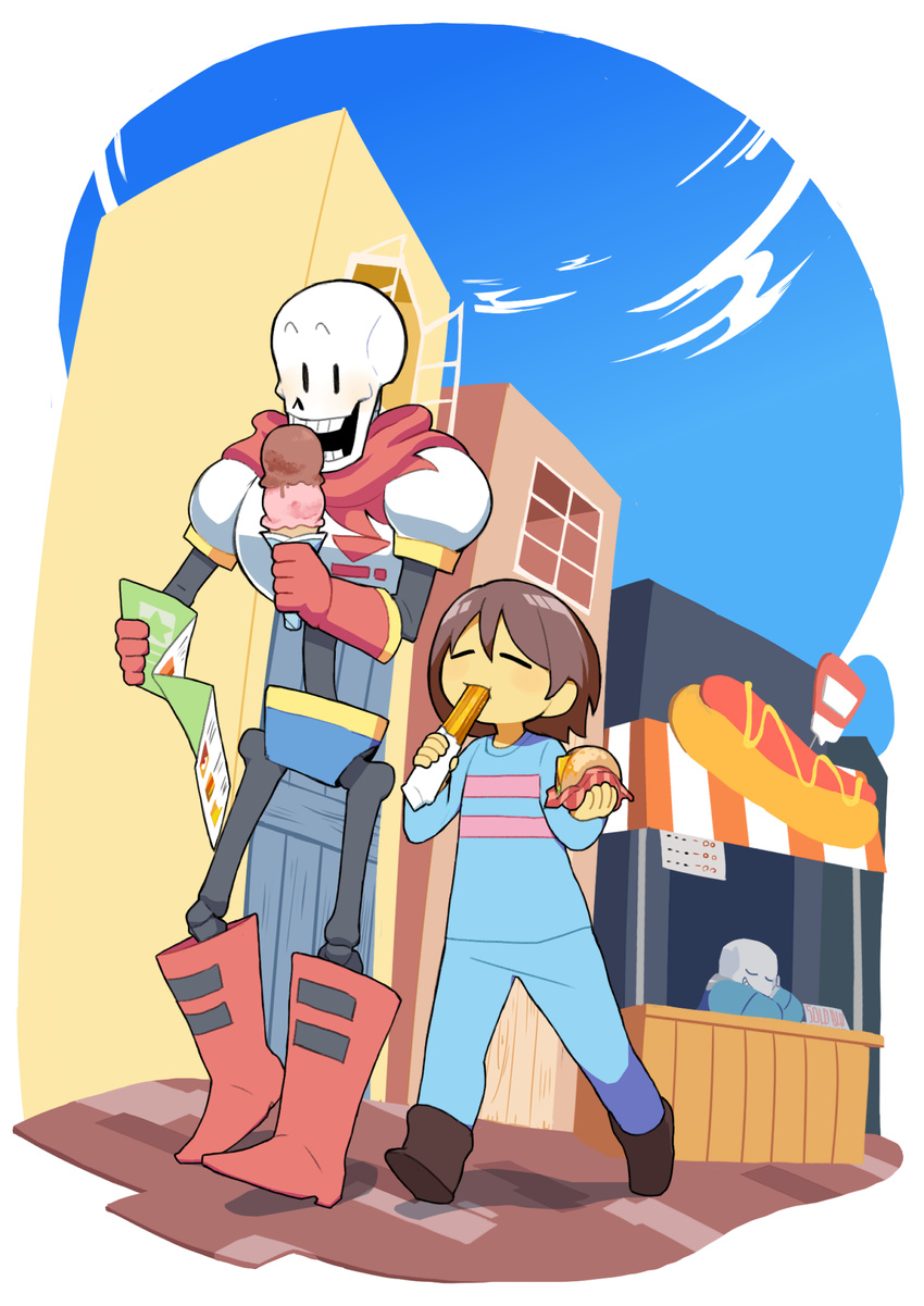 bone burger churro clothed clothing dessert duo eyes_closed food hair hot_dog ice_cream lmoto0013 male mammal papyrus_(undertale) protagonist_(undertale) sans_(undertale) skeleton undertale video_games