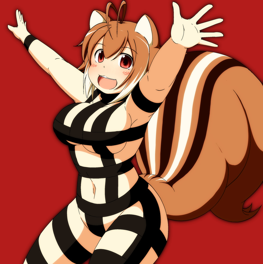 absurdres animal_ears antenna_hair arms_up blazblue blush breasts brown_eyes brown_hair buck_teeth commentary_request highres hot_limit large_breasts makoto_nanaya mirano navel plump red_background red_eyes revealing_clothes short_hair sideboob solo squirrel_ears squirrel_tail t.m.revolution tail