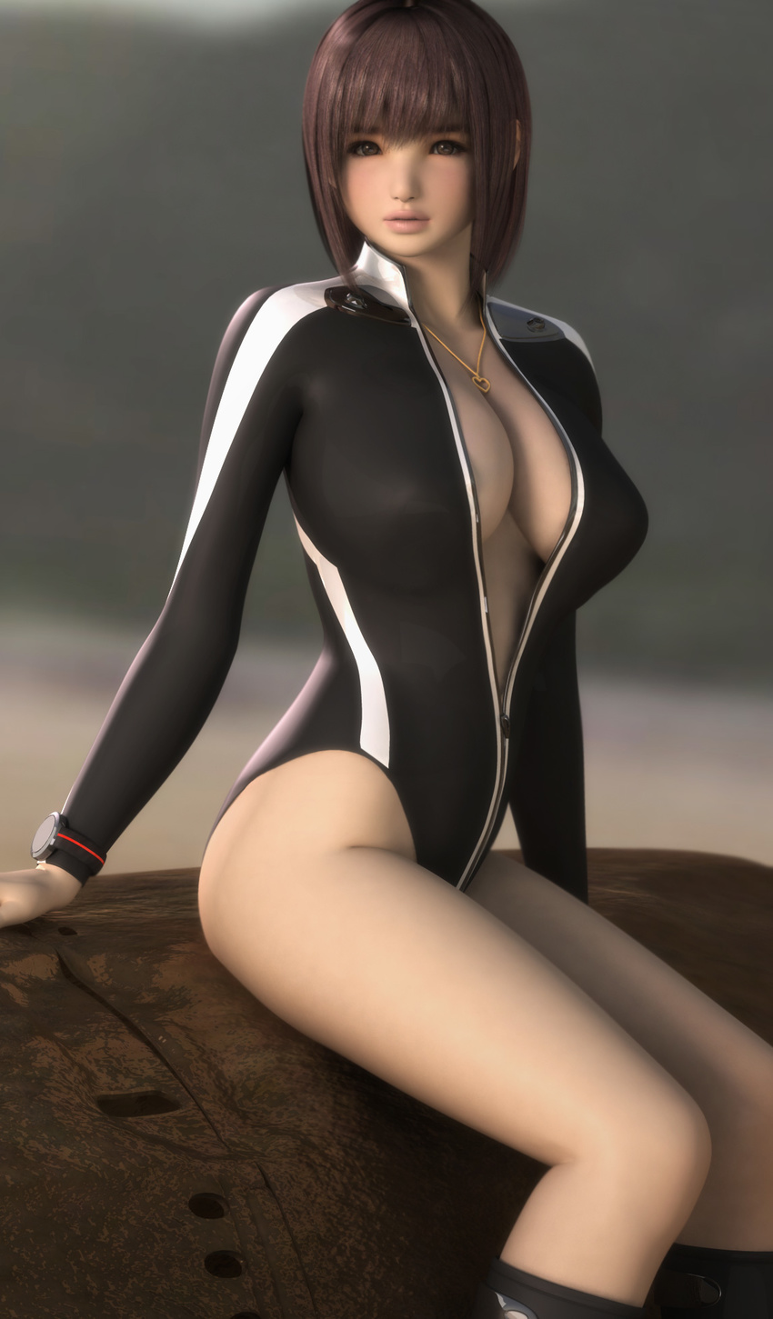 3d bad_id bad_pixiv_id breasts brown_eyes brown_hair center_opening commentary_request diving_suit heart heart_necklace highres hinemaru large_breasts long_sleeves looking_at_viewer original parted_lips short_hair sitting skin_tight solo thighs unzipped watch wristwatch