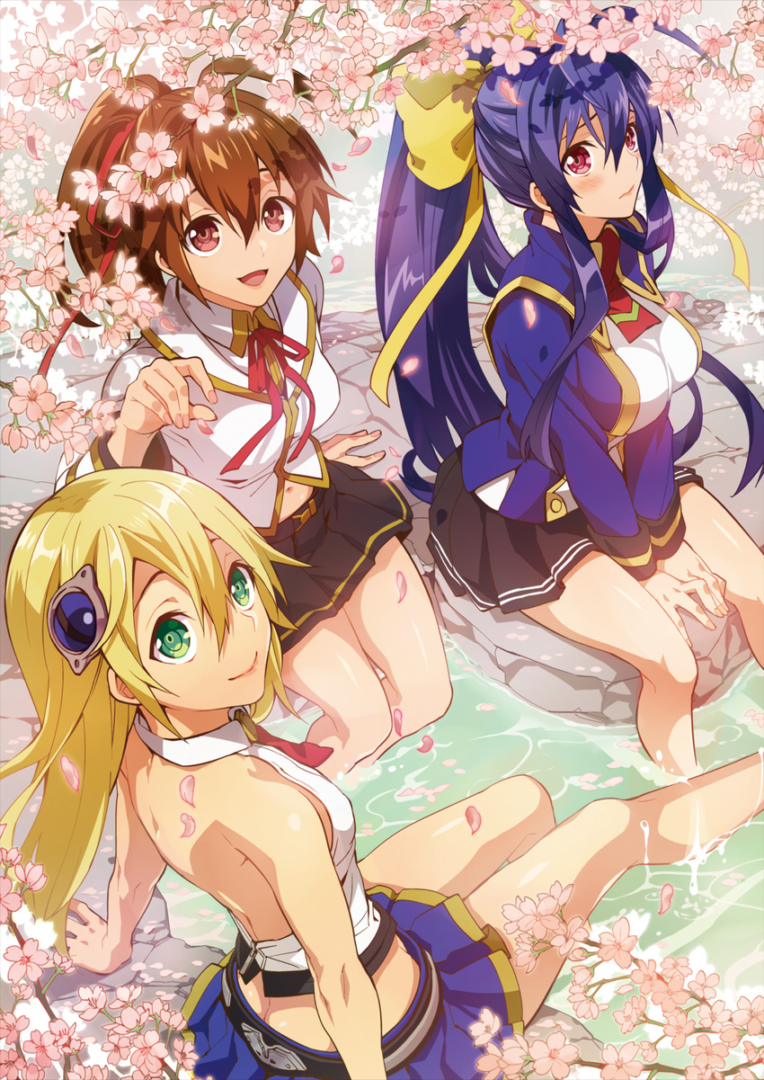 absurdres ahoge antenna_hair backless_outfit bare_legs bare_shoulders barefoot between_legs black_skirt blazblue blazblue:_chronophantasma blazblue_remix_heart blonde_hair blue_hair blue_skirt blush bow breast_press breast_squeeze breasts brown_eyes brown_hair celica_a_mercury cherry_blossoms flower from_behind genderswap genderswap_(mtf) green_eyes hair_between_eyes hair_bow hair_ornament hair_ribbon hand_between_legs hand_up hands_together highres large_breasts legs long_hair long_sleeves looking_at_viewer looking_back mai_natsume multiple_girls nail_polish navel necktie noel_vermillion official_art onsen open_mouth partially_submerged petals pleated_skirt ponytail purple_eyes ribbon rock school_uniform sitting skirt small_breasts smile soaking_feet sumeshi_(ambivalince) tree v_arms very_long_hair water wet yellow_bow