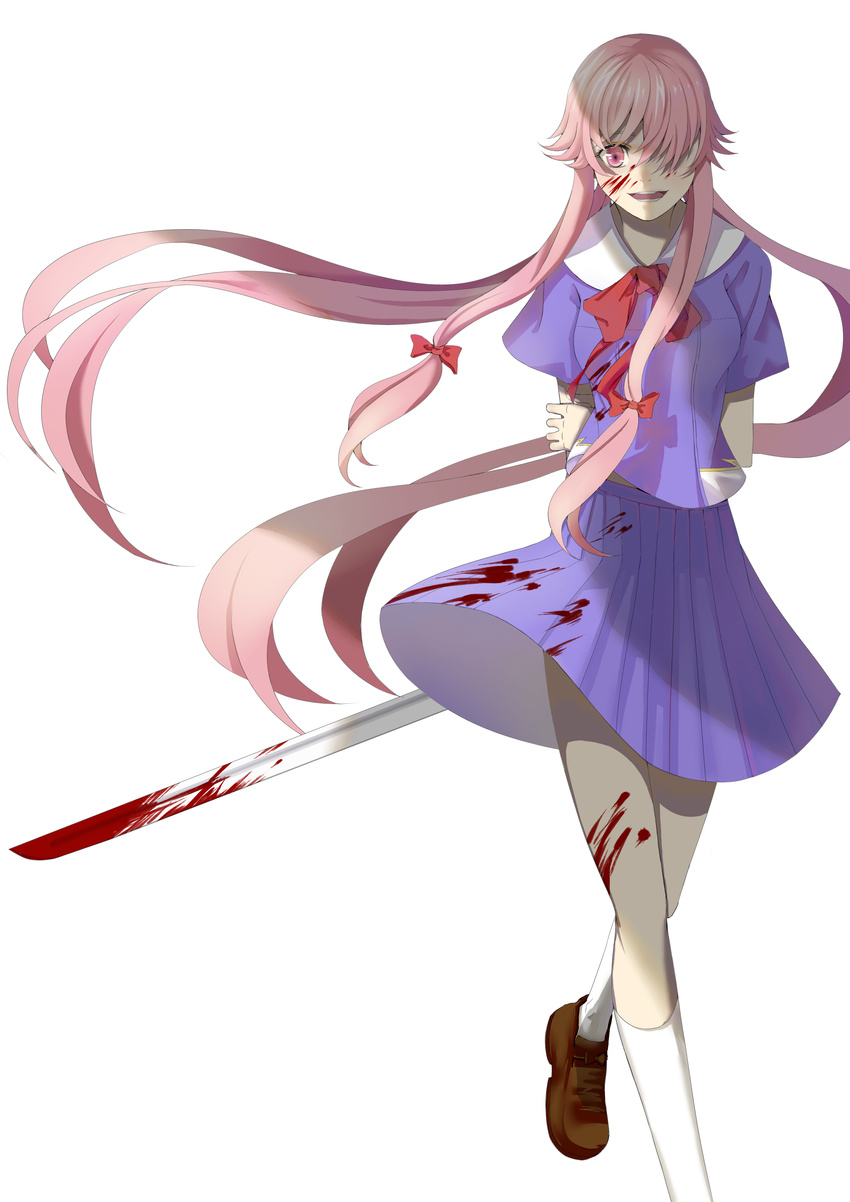 absurdly_long_hair absurdres arms_behind_back blood blood_on_face bloody_clothes bloody_weapon gasai_yuno hair_over_one_eye hangyifan97 highres loafers long_hair mirai_nikki pink_eyes pink_hair school_uniform shoes smile solo sword teeth very_long_hair weapon white_background wind wind_lift yandere