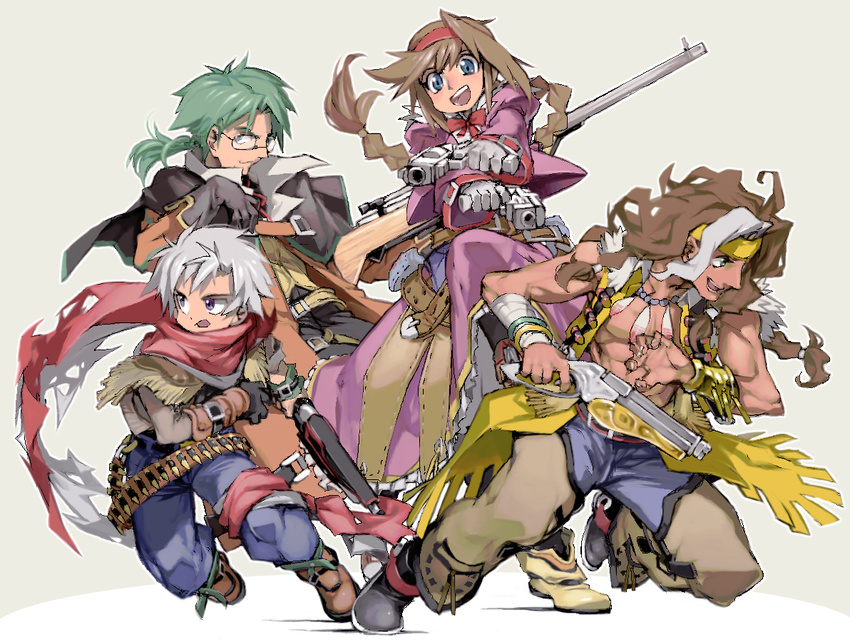 3boys airget-lamh_b/v2 belt blue_eyes braid brown_hair clive_winslett coat dress gallows_carradine glasses gloves green_hair gun hairband jet_enduro long_hair multicolored_hair multiple_boys purple_dress red_hairband ribbon scarf short_hair virginia_maxwell weapon white_hair wild_arms wild_arms_3 ysk!