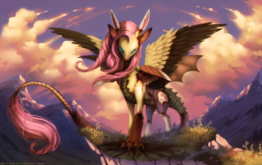 blood blue_eyes brown_feathers claws cutie_mark day detailed_background detailed_scales discord_(mlp) draconequus feathered_wings feathers fluttershy_(mlp) friendship_is_magic fur grass green_scales hair looking_at_viewer membranous_wings my_little_pony neytirix outside pink_fur pink_hair scales sky standing wings yellow_feathers