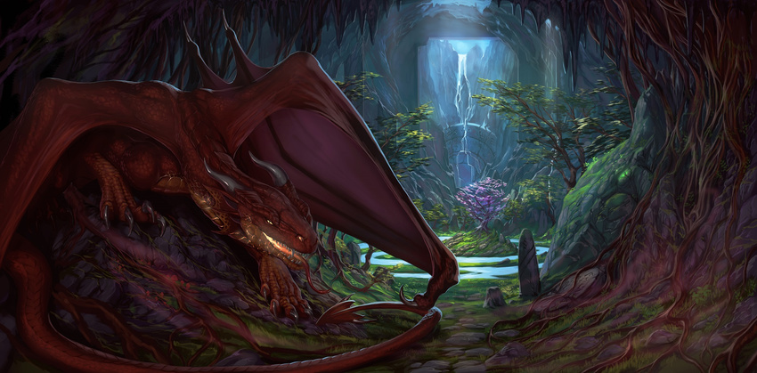 aaros_(artist) amazing_background cave claws curved_horn day detailed detailed_background detailed_scales dragon feral hi_res horn membranous_wings nude open_mouth red_scales scales smooth_horn solo teeth tongue waterfall wings