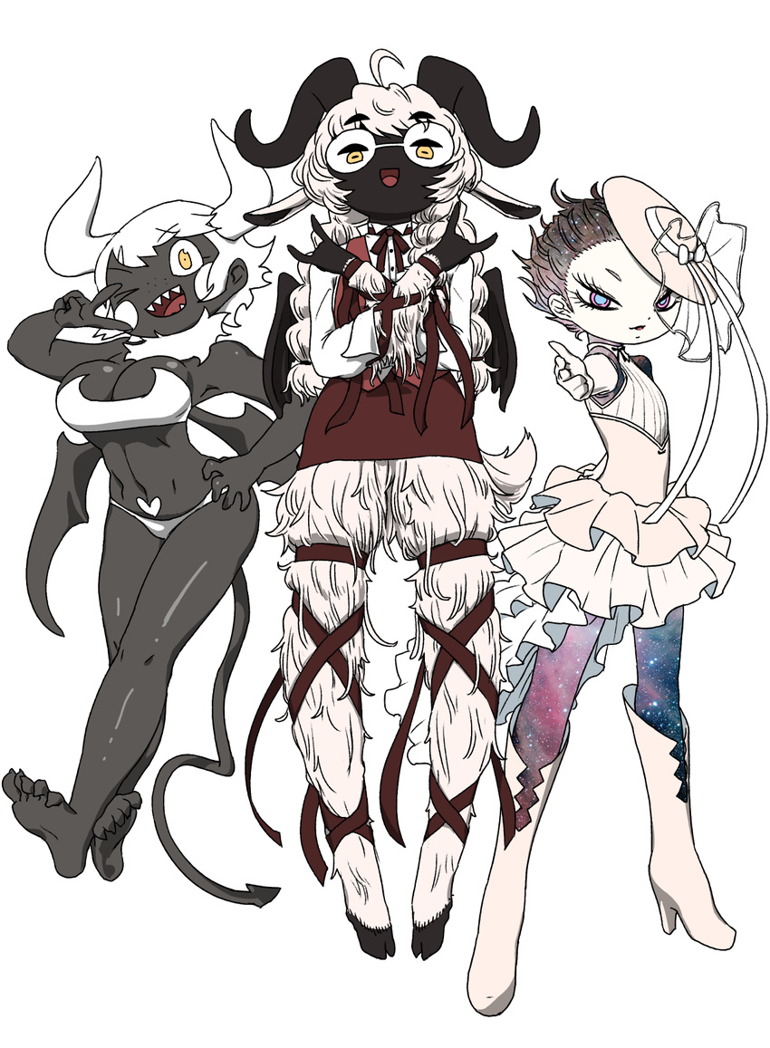 barefoot big_breasts bikini blue_eyes boots breasts cleavage clothed clothing demon eyewear failure_succubus female footwear fur glasses group hair hat hooves horn o-den one_eye_closed sharp_teeth smile spade_tail swimsuit teeth v_sign white_fur white_hair wings yellow_eyes