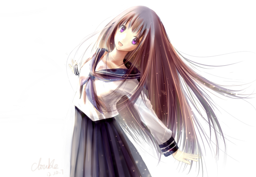 2012 bad_id bad_pixiv_id black_hair black_skirt chitanda_eru clouble collarbone dated highres hyouka long_hair long_skirt looking_at_viewer open_mouth purple_eyes school_uniform shirt signature simple_background skirt solo white_background white_shirt