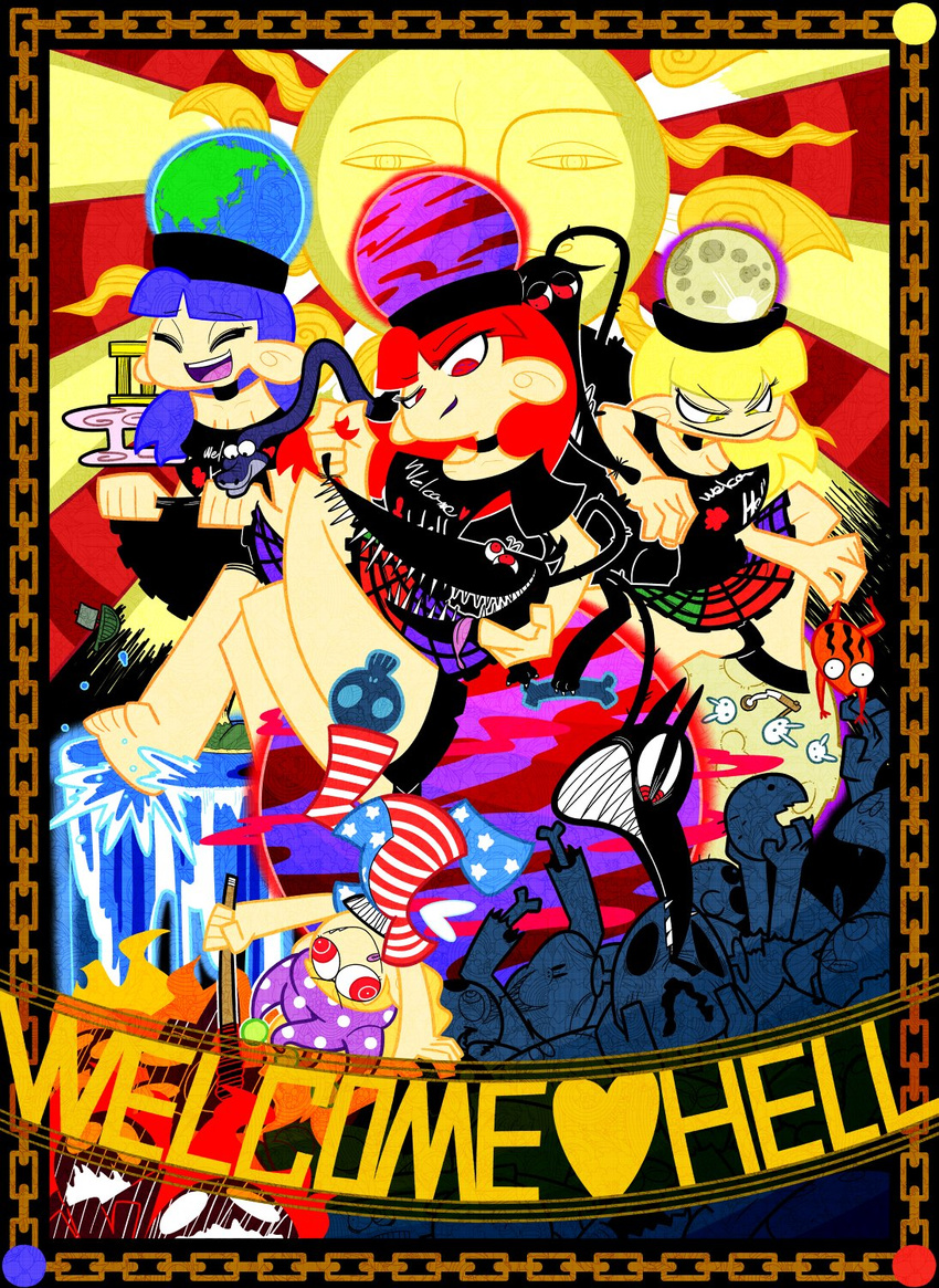 american_flag_dress american_flag_legwear barefoot blonde_hair blue_hair boat bone bunny_head chain choker closed_eyes clothes_writing clownpiece corpse crazy_smile earth_(ornament) english frog hat heart hecatia_lapislazuli hell highres jester_cap kuchibashi_(9180) monster moon_(ornament) multiple_girls multiple_persona no_nose open_mouth polos_crown red_eyes red_hair sailboat skirt skull smile smirk sun torch touhou upside-down water watercraft yellow_eyes