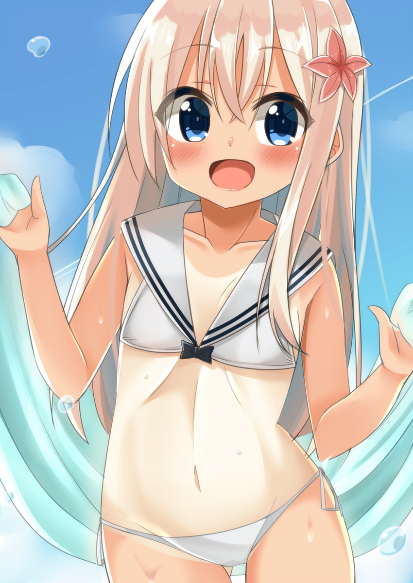 ass_visible_through_thighs bikini blonde_hair blue_eyes cacao_(chocolat) cosplay flat_chest flower hair_flower hair_ornament highres kantai_collection looking_at_viewer one-piece_tan open_mouth ro-500_(kantai_collection) sailor_bikini sailor_collar standing swimsuit tan tanline thigh_gap towel white_bikini z3_max_schultz_(kantai_collection) z3_max_schultz_(kantai_collection)_(cosplay)