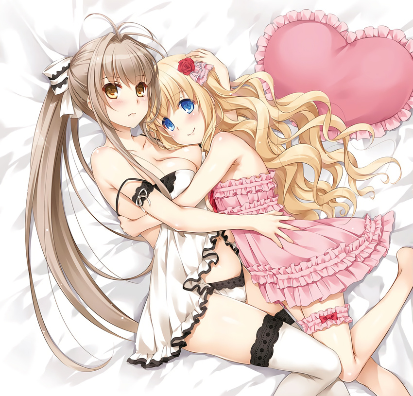 amagi_brilliant_park babydoll bare_shoulders barefoot blonde_hair blue_eyes bow breasts brown_eyes cleavage frilled_pillow frills hair_bow hair_ornament heart heart_pillow large_breasts latifa_fleuranza leg_garter light_brown_hair lingerie long_hair looking_at_viewer lying multiple_girls nakajima_yuka navel negligee nightgown on_side panties pillow ponytail sento_isuzu sidelocks small_breasts smile strap_slip thighhighs underwear underwear_only white_legwear white_panties