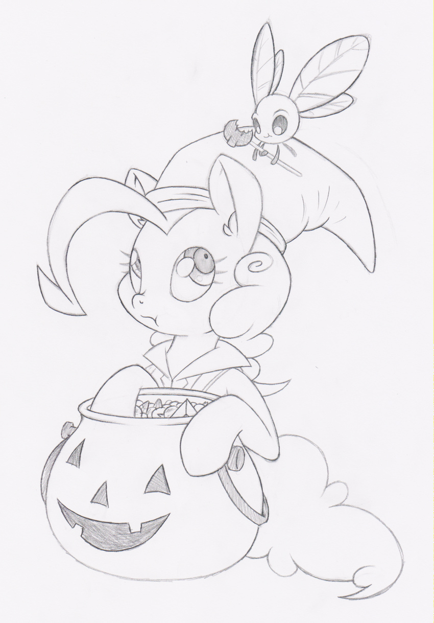 ambiguous_gender candy dfectivedvice duo earth_pony equine eyelashes female feral food friendship_is_magic hair hat hooves horse mammal monochrome my_little_pony parasprite_(mlp) pinkie_pie_(mlp) pony simple_background sketch smile traditional_media_(artwork) white_background