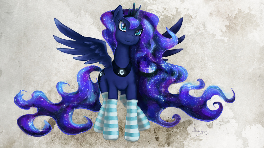 blue_eyes blue_feathers blue_fur blue_hair clothing cutie_mark equine eyelashes feathered_wings feathers female feral flowing_hair friendship_is_magic fur hair hooves horn legwear mammal my_little_pony princess_luna_(mlp) shaadorian smile socks solo winged_unicorn wings