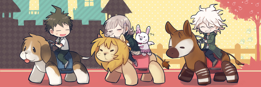 2boys chibi danganronpa dog flipped_hair hair_ornament hinata_hajime honzumaru hood hoodie komaeda_nagito lion monomi_(danganronpa) multiple_boys nanami_chiaki short_hair sleeping super_danganronpa_2