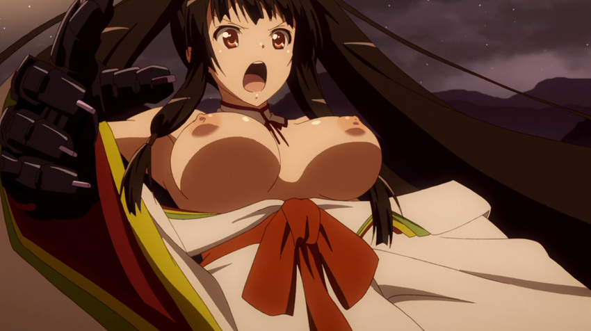 1girl black_hair breasts female japanese_clothes kaguya_(queen's_blade) large_breasts nipples open_mouth queen's_blade twintails