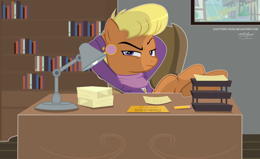 2016 blonde_hair book bookcase clothed clothing desk dress ear_piercing earth_pony english_text equine female feral friendship_is_magic frown fur hair horse inside lamp looking_at_viewer mammal ms_harshwhinny_(mlp) my_little_pony orange_fur paper piercing pony purple_eyes scarf shutterflyeqd solo text window