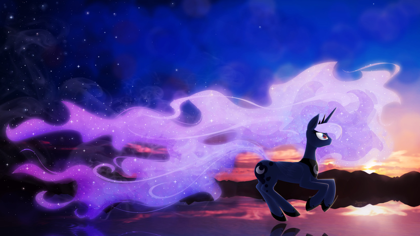 blue_feathers blue_fur cosmic_hair cutie_mark detailed_background equine feathered_wings feathers female feral friendship_is_magic fur hooves horn mammal my_little_pony nude outside princess_luna_(mlp) shaadorian sky solo star starry_sky twilight winged_unicorn wings