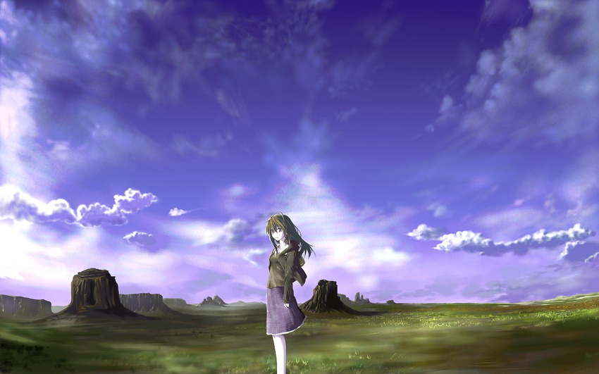 brown_hair cloud copyright_request expressionless looking_at_viewer mesa nature scenery skirt sky solo ssi standing