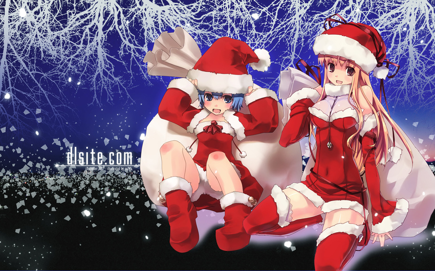 1girl :d bell blonde_hair blue_hair boots breasts brown_hair christmas dille_blood dlsite.com dress elle_sweet hat highres jingle_bell looking_at_viewer medium_breasts open_mouth refeia sack santa_boots santa_costume santa_hat sitting small_breasts smile squatting thighhighs wallpaper watermark web_address zettai_ryouiki