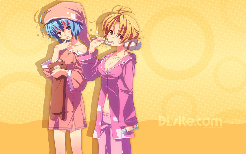 bare_shoulders blonde_hair blue_eyes blue_hair breasts cleavage dlsite.com elle_sweet hat highres large_breasts multiple_girls navel nightcap pajamas red_eyes refeia sleepy toothbrush toothpaste wallpaper yellow_background