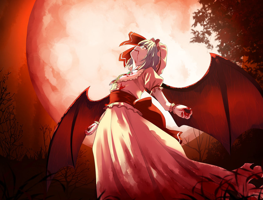 bat_wings blood blood_on_face blood_stain dress full_moon hat looking_up moon night red_eyes red_moon remilia_scarlet solo touhou wings wrist_cuffs yasuyuki