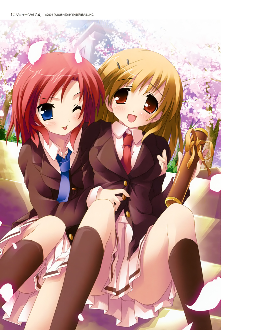 :p absurdres blonde_hair blue_eyes blush cherry_blossoms copyright_request highres kantoku kneehighs multiple_girls necktie one_eye_closed red_eyes short_hair skirt socks tongue tongue_out