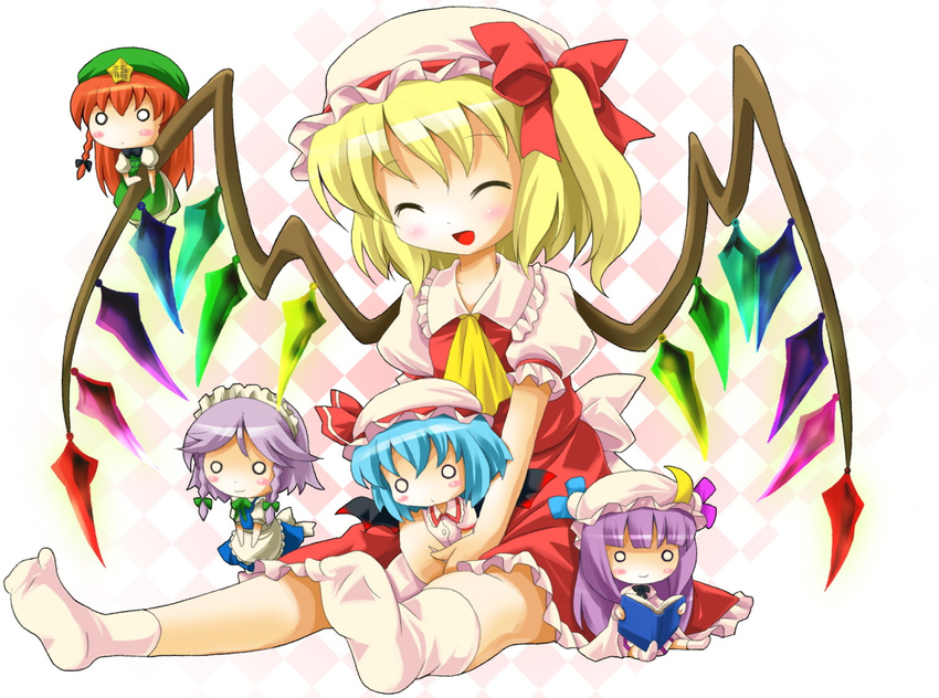 :3 :d ^_^ apron bad_id bad_pixiv_id blonde_hair blue_hair book braid character_doll chibi closed_eyes crescent demon_wings doll dress flandre_scarlet hair_ribbon happy hat hong_meiling izayoi_sakuya maid maid_headdress michii_yuuki o_o open_mouth patchouli_knowledge purple_hair reading red_hair remilia_scarlet ribbon sitting smile socks solo star touhou twin_braids wings