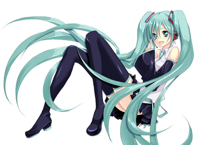 bad_id bad_pixiv_id bare_shoulders blush colorized detached_sleeves green_eyes green_hair happy hatsune_miku long_hair necktie open_mouth shinri_mitsuba simple_background sitting skirt smile solo thighhighs twintails very_long_hair vi_(ena0930) vocaloid white_background