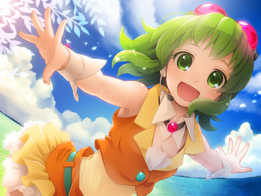 cloud day goggles green_eyes green_hair gumi headset hima_(ab_gata) leaf ocean outdoors outstretched_arms sky solo spread_arms vocaloid wrist_cuffs