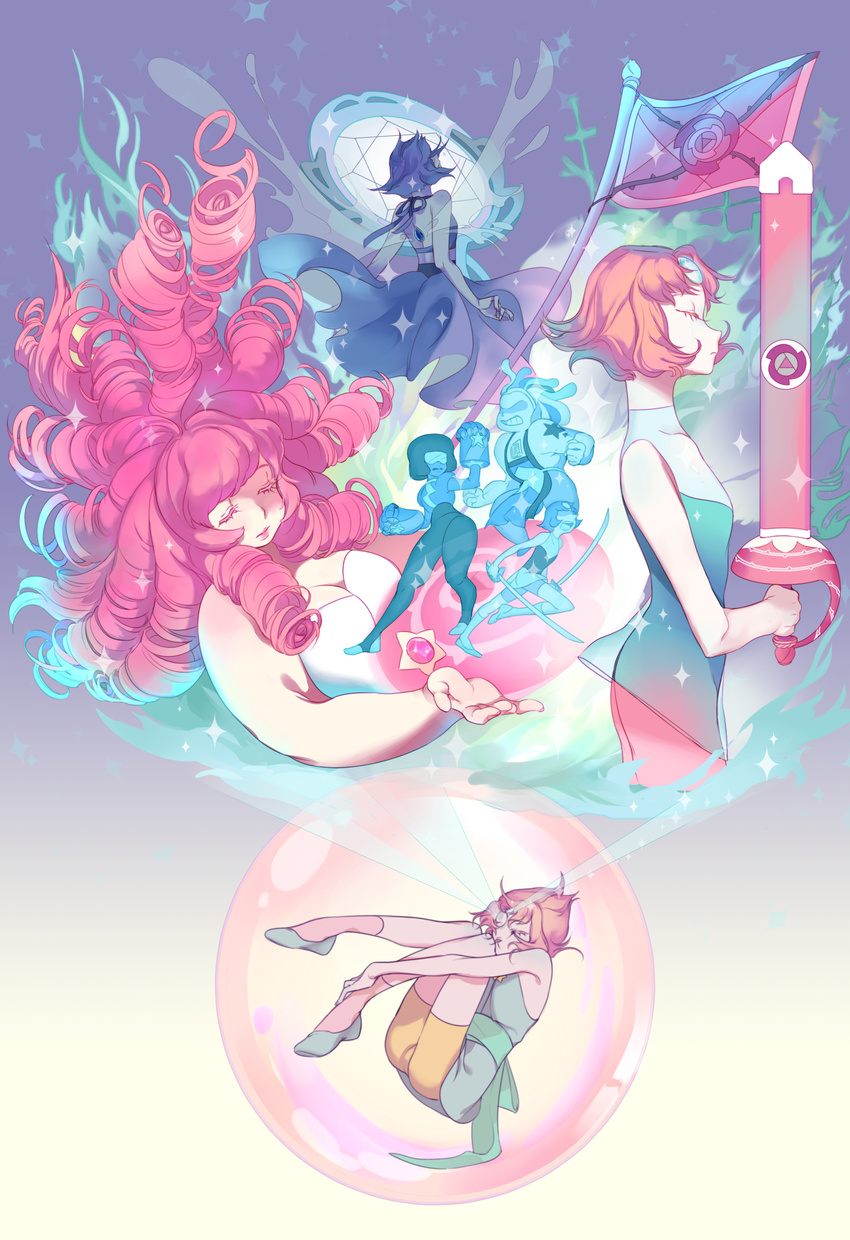 absurdres afro aura back bad_id bad_pixiv_id bismuth_(steven_universe) blue_hair bubble chuong crying drill_hair dual_wielding fetal_position flag floating forehead_jewel garnet_(steven_universe) gauntlets gem hand_mirror highres holding lapis_lazuli_(steven_universe) mirror multiple_girls pale_skin pearl_(steven_universe) pink_hair rose_quartz_universe sash scabbard sheath shield steven_universe sunglasses sword tears water weapon