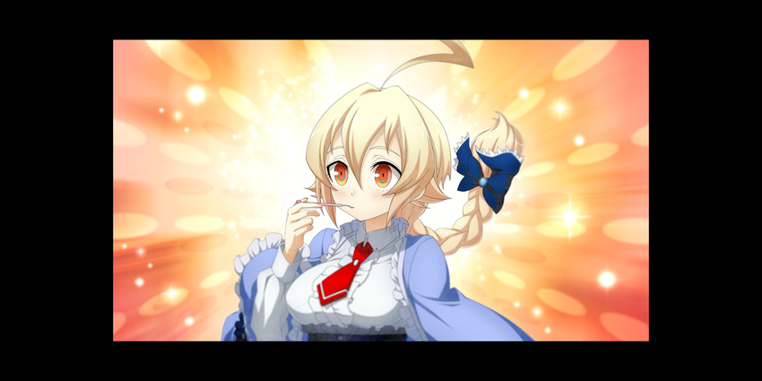 1girl ahoge backlighting bangs blonde_hair blush bow braid breasts brooch collared_shirt es_(xblaze_code:_embryo) flipped_hair floating_hair frills from_side game_cg glowing gradient gradient_background gradient_eyes hair_between_eyes hair_bow hair_ribbon highres higuchi_konomi holding huge_ahoge jewelry lace long_hair long_sleeves looking_at_viewer multicolored_eyes necktie official_art open_clothes red_eyes ribbon shirt single_braid sparkle spoon underbust upper_body windowboxed xblaze xblaze_code:_embryo yellow_eyes
