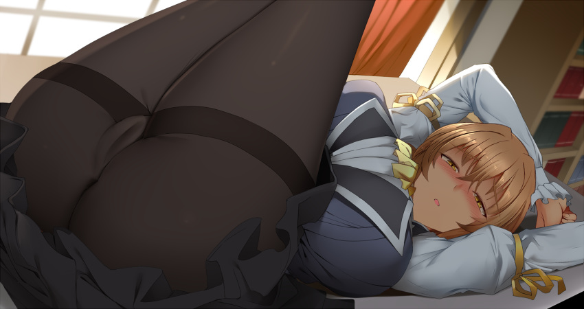 1girl arm_ribbon ass bangs blue_skirt blue_vest blush bookshelf brown_hair cameltoe curtains eyebrows_visible_through_hair ginhaha goblin_slayer goblin_slayer! guild_girl guild_girl_(goblin_slayer!) highres indoors labia legs_up long_hair long_sleeves looking_at_viewer lying on_back open_mouth paid_reward pantyhose patreon_reward pleated_skirt presenting ribbon shirt skirt solo table thighband_pantyhose upskirt vest white_shirt window yellow_neckwear