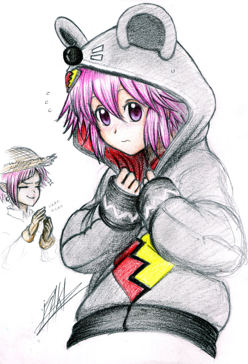 adapted_costume animal_ears animal_hood blood blush commentary flying_sweatdrops hair_ornament highres hood hood_up hoodie isaki_tanaka looking_at_viewer magiquone mouse_hood neptune_(choujigen_game_neptune) neptune_(series) nosebleed purple_eyes purple_hair short_hair signature simple_background sketch traditional_media white_background