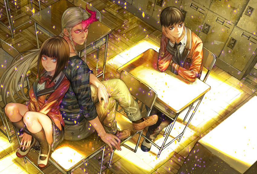 2boys black_hair chair classroom desk glowing_horn horn indoors irohara_mitabi jitsunashi_masato koibara_niina long_hair multiple_boys official_art on_desk satsugai_tsubaki school_desk school_uniform short_hair silver_hair sitting sitting_on_desk yoku-oni