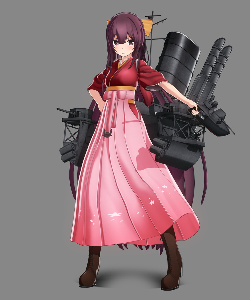 3d boots bow brown_eyes brown_footwear cel_shading full_body grey_background hair_bow hakama hand_on_hip highres japanese_clothes kamikaze_(kantai_collection) kantai_collection long_hair looking_at_viewer pink_hakama pomp-chou ponpu-chou purple_hair simple_background solo very_long_hair yellow_bow