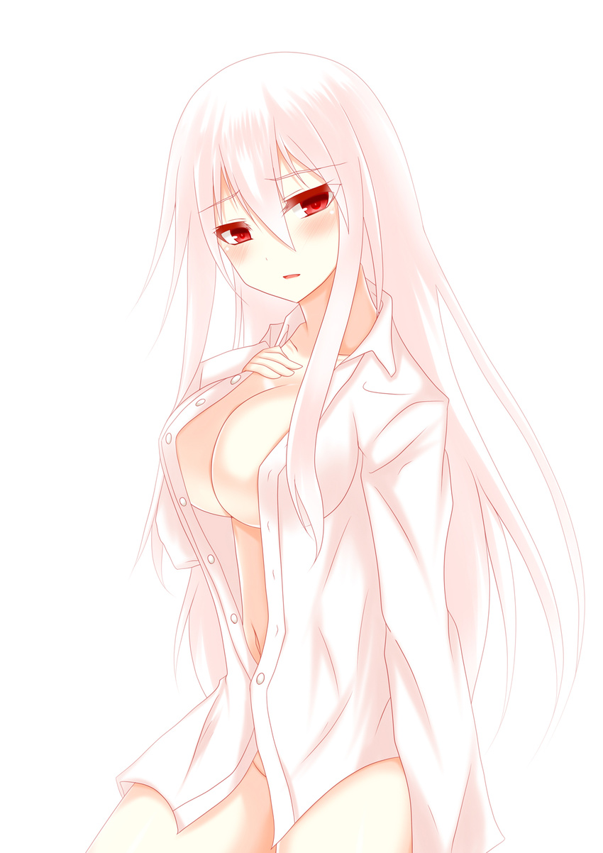 ayasato_karen bottomless breasts cleavage collarbone dress_shirt eyebrows eyebrows_visible_through_hair hair_between_eyes highres large_breasts long_hair looking_at_viewer naked_shirt original partially_unbuttoned red_eyes shirt silver_hair simple_background solo white_background white_shirt