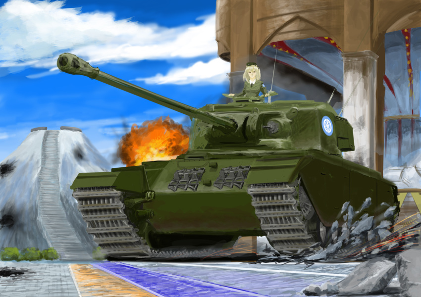 1girl artist_request blonde_hair caterpillar_tracks centurion_(tank) cloud day emblem girls_und_panzer ground ground_vehicle long_hair military military_vehicle motor_vehicle selection_university_(emblem) selection_university_military_uniform shimada_arisu shirt tank