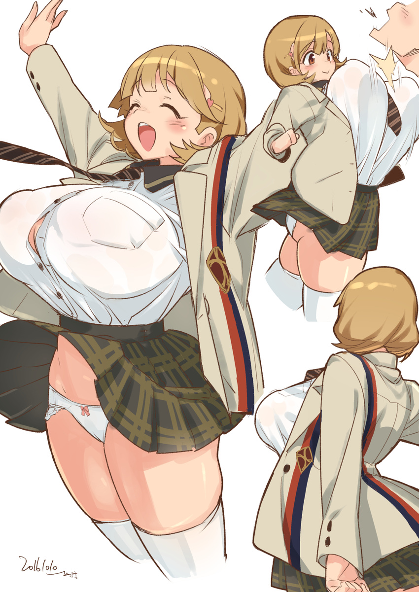 2016 arms_up bouncing_breasts bow bow_panties breasts brown_eyes brown_hair dated hair_ornament hairclip highres huge_breasts multiple_views narusawa_ryouka necktie occultic;nine open_mouth panties plaid plaid_skirt school_uniform short_hair signature simple_background skirt smile thick_thighs thighs try underwear white_background white_panties