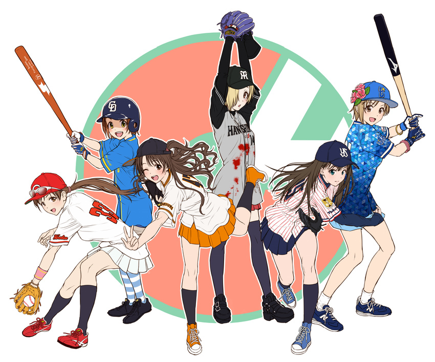 aiba_yumi arms_up baseball baseball_bat baseball_cap baseball_mitt baseball_uniform black_legwear blonde_hair blue_gloves blue_skirt blush bracelet brown_eyes brown_hair chunichi_dragons clothes_writing eyewear_on_head flower gloves green_eyes hair_flower hair_ornament hair_over_one_eye hanshin_tigers hat helmet highres hiroshima_touyou_carp idolmaster idolmaster_cinderella_girls jewelry kneehighs long_hair looking_at_viewer low_ponytail multiple_girls nigou nippon_professional_baseball nitta_minami one_eye_closed one_side_up open_mouth pitching pleated_skirt ponytail ryuuzaki_kaoru shibuya_rin shimamura_uzuki shirasaka_koume shirt shoes short_hair skirt sleeves_past_wrists smile sneakers socks sportswear striped striped_legwear striped_shirt sunglasses thighhighs tokyo_yakult_swallows v vertical-striped_shirt vertical_stripes white_legwear white_skirt yellow_eyes yokohama_dena_baystars yomiuri_giants