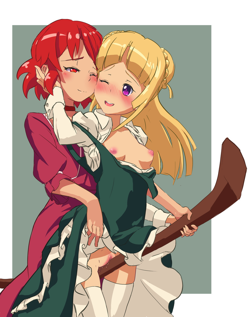 absurdres blonde_hair blush breasts broom broom_riding censored cheek-to-cheek choker crotch_rub double_bun dress dress_lift frills green_dress grinding highres izetta lollipop_(9474083) long_hair looking_at_another looking_back mosaic_censoring multiple_girls nipples no_bra no_panties one_eye_closed open_mouth ortfine_fredericka_von_eylstadt purple_eyes pussy pussy_juice red_dress red_eyes red_hair short_hair shuumatsu_no_izetta small_breasts smile thighhighs white_legwear younger yuri