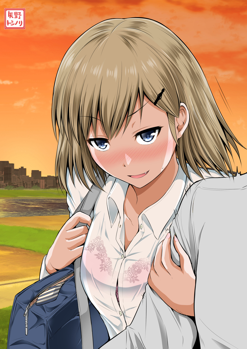 bag blue_eyes blush bra breasts cityscape commentary_request fang hair_ornament hairclip hand_on_another's_arm highres leaning_on_person light_brown_hair looking_at_viewer medium_breasts necktie necktie_removed open_mouth original pink_bra river sabo_rin saborou school_bag school_uniform see-through shirt short_hair shoulder_bag smile solo_focus sunset underwear wet wet_clothes wet_shirt white_shirt yano_toshinori